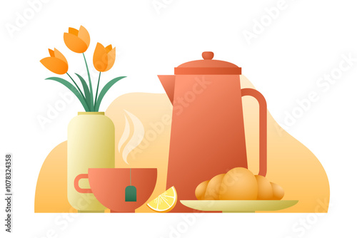 Morning breakfast concept. Croissant pastry with tea, coffee. Sweet bake dessert design and vase with flowers. Gradient vector isolated illustration