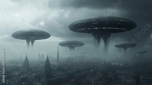 Several alien motherships are invading and hovering over london during a cloudy and rainy day, creating a dramatic and futuristic scene photo