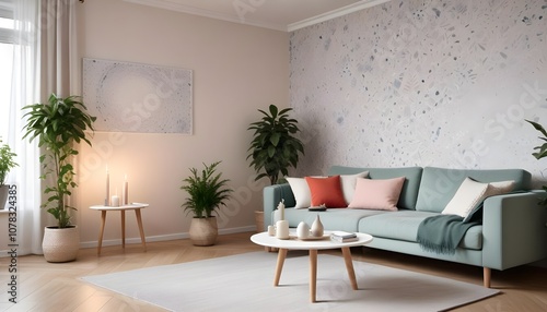 Scandinavian living room interior design zoom background,Doodle Galaxy patterned wallpaper graphics