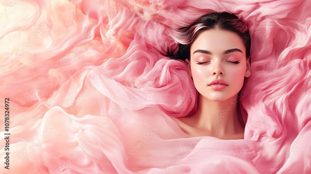 Serene model with closed eyes, enjoying a moment of tranquility while lying on luxurious pink silk fabric, creating a dreamy and ethereal atmosphere Serene model with closed eyes, enjoying a moment of tranquility while lying on luxurious pink silk fabric, creating a dreamy and ethereal atmosphere