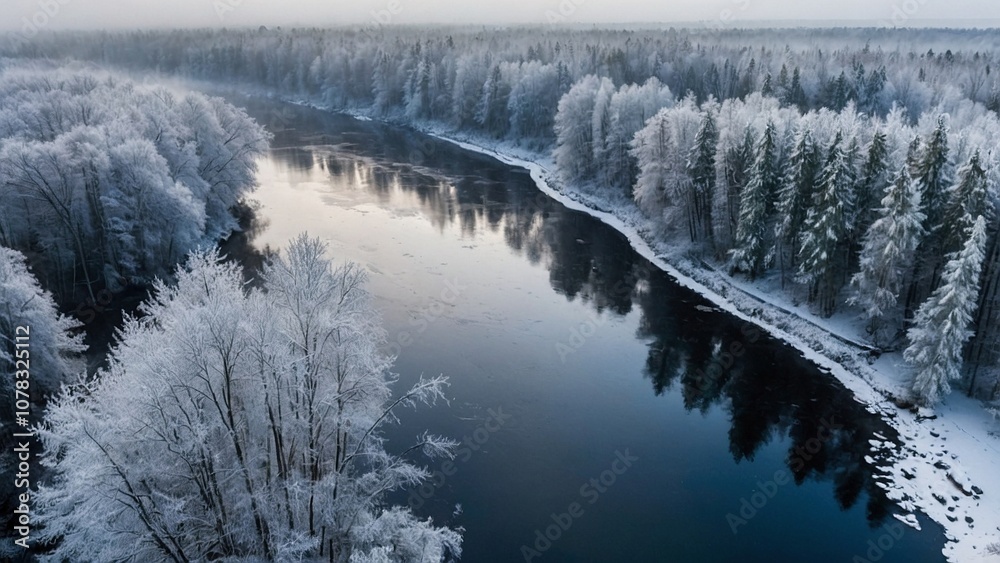 Winter landscape. River in a forest, covered with snow. Calm atmosphere Winter landscape. River in a forest, covered with snow. Calm atmosphere