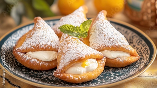 A vibrant plate showcases fresh qatayef filled with sweet cream, celebrating Ramadan photo