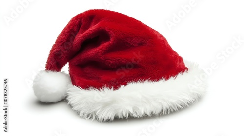  Red Santa hat with white trim and pompom isolated on a bright white background for a clean look