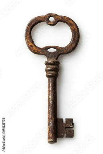 Rusty old metal key on white background.