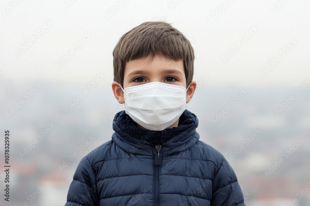 A young boy wearing a face mask stands in a foggy environment, emphasizing concerns about health and safety. A young boy wearing a face mask stands in a foggy environment, emphasizing concerns about health and safety.