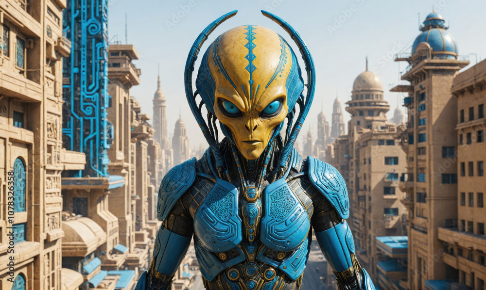 A blue and yellow alien stands in front of a futuristic city A blue and yellow alien stands in front of a futuristic city