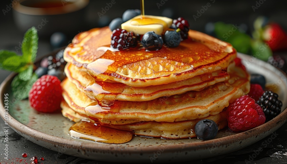 Stack of Golden Pancakes Drizzled with Syrup and Topped with Berries Stack of Golden Pancakes Drizzled with Syrup and Topped with Berries