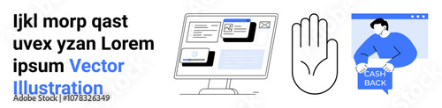 Computer monitor with text elements, hand gesture, person holding cashback sign. Ideal for cybersecurity, e-commerce, online education, finance, customer support, web development, marketing. Landing