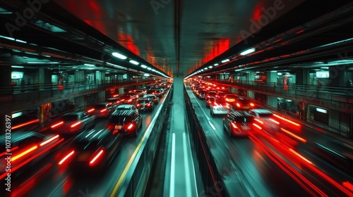 A long exposure shot of cars driving through a tunnel with bright red brake lights.