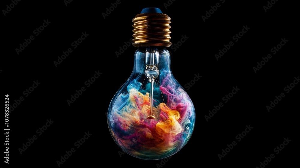 Colorful swirling smoke filling the inside of a lightbulb with a golden screw cap on a black background, representing creativity and inspiration