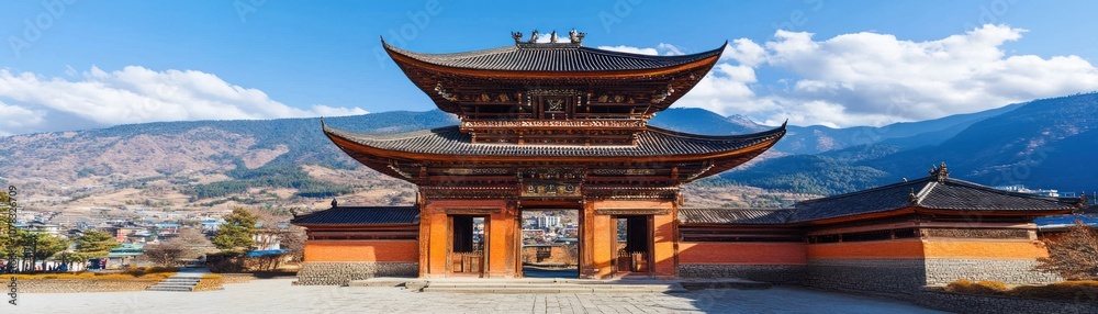 A traditional Asian architectural structure set against a mountainous backdrop. A traditional Asian architectural structure set against a mountainous backdrop.