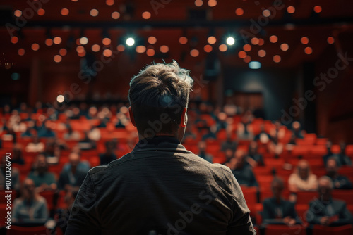 Speaker at Business Conference and Presentation, with audience in the lecture or conference hall, back view