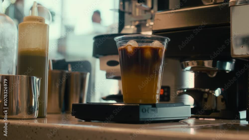 Unrecognizable female barista making bumblebee coffee drink with orange juice, closeup shot