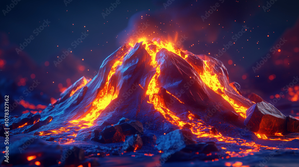 Fototapeta premium Fiery Low-Poly Volcano Peak Glowing With Molten Lava In A Dark Abstract Setting