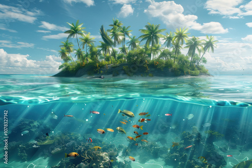 Split view at water level of tropical island with fish swimming under water