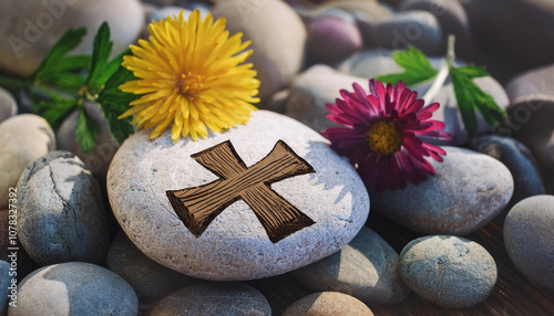 A painted wooden cross on a smooth sea stone lies among grey-toned pebbles and delicate spring flowers.
