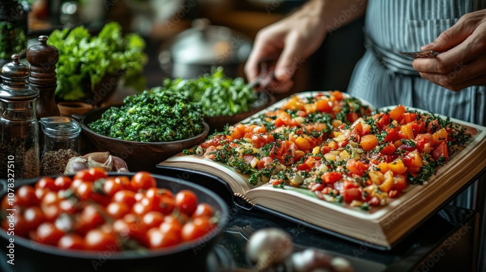 Fresh ingredients and a cookbook for a vibrant meal preparation. Fresh ingredients and a cookbook for a vibrant meal preparation.