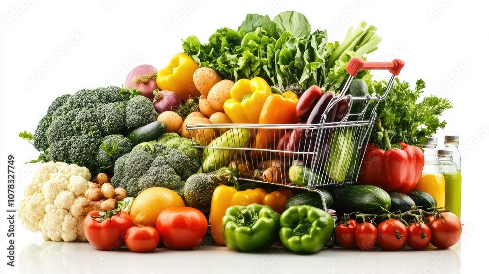 A grocery cart filled with assorted fresh vegetables, fruits, and daily essentials, isolated on white. A grocery cart filled with assorted fresh vegetables, fruits, and daily essentials, isolated on white.
