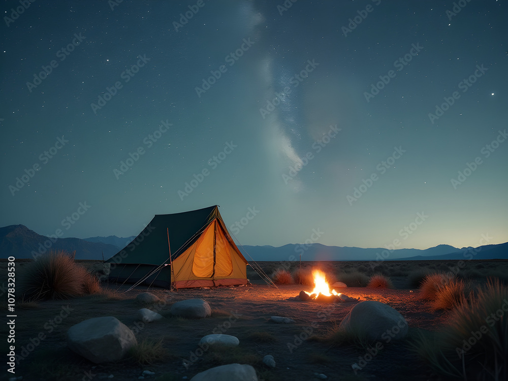 Milky Way Galaxy Over Desert Campsite - Starry Night Sky, Tent, Campfire, Solitude, Tranquility, Landscape Night Nature, Adventure, Travel, Wilderness, Camping Milky Way Galaxy Over Desert Campsite - Starry Night Sky, Tent, Campfire, Solitude, Tranquility, Landscape Night Nature, Adventure, Travel, Wilderness, Camping