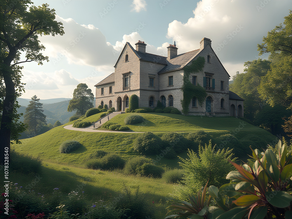 Obraz premium Stately Stone Manor on Lush Knoll, Golden Hour Sunlight, Gabled Roof, Arched Entryway, Ivy-Clad Walls, Manicured Lawn, Rolling Hills, Cloudy Sky, Tranquility, Peace, Nostalgia, Curved Pathway