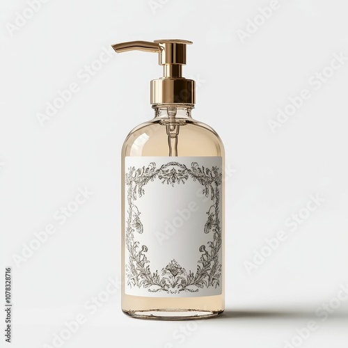 Gold pump bottle with floral label.