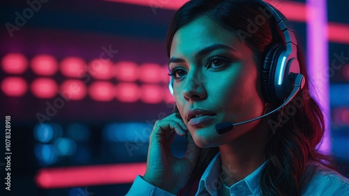 Customer service representative in neon lighting symbolizing support
