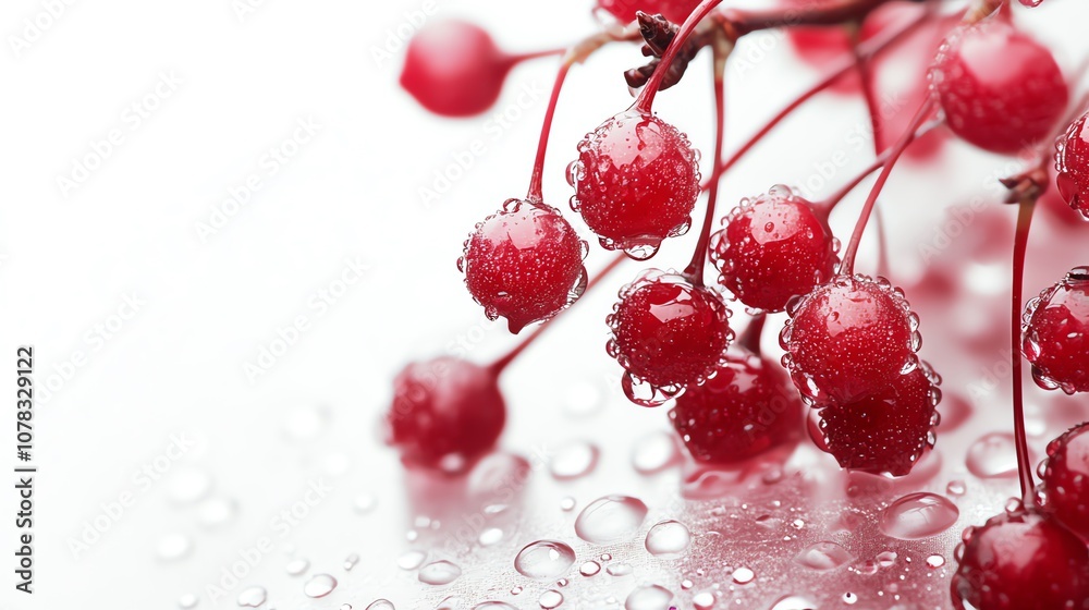Clear, translucent cherry in a close-up X-ray style, water droplets glistening on top, large negative space, oblique angle on a white background Clear, translucent cherry in a close-up X-ray style, water droplets glistening on top, large negative space, oblique angle on a white background