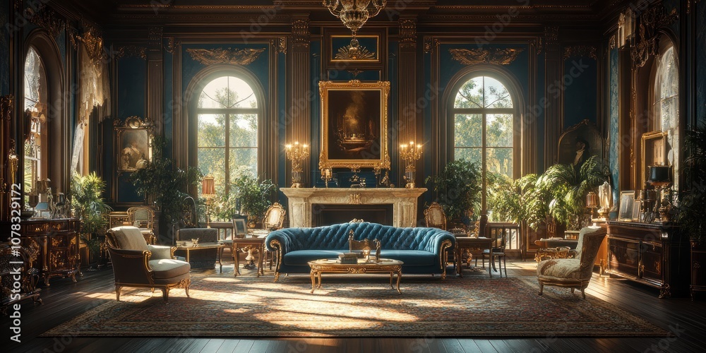 A grand living room with plush furniture, ornate decor, and large windows. A grand living room with plush furniture, ornate decor, and large windows.