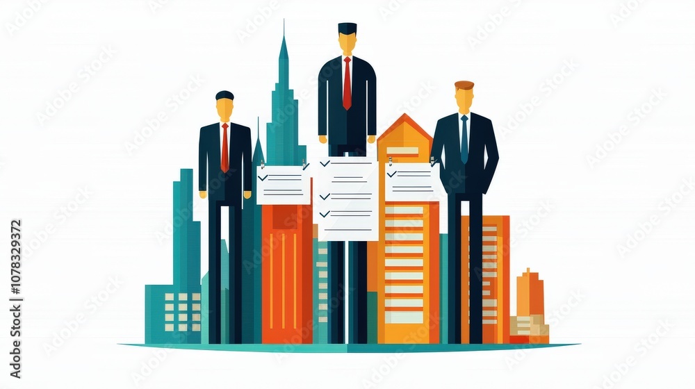 A group of three businessmen stand in front of a colorful cityscape, holding documents and representing urban development and corporate activities. A group of three businessmen stand in front of a colorful cityscape, holding documents and representing urban development and corporate activities.