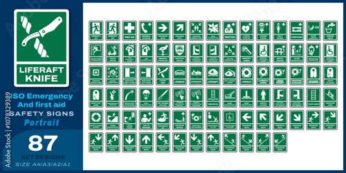 87 set iso emergency and first aid safety signs v35_liferaft knife_portrait size a4/a3/a2/a1