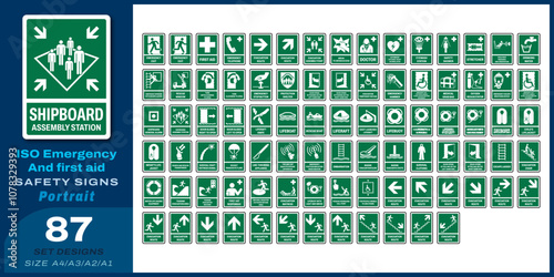87 set iso emergency and first aid safety signs v34_shipboard assembly station_portrait size a4/a3/a2/a1