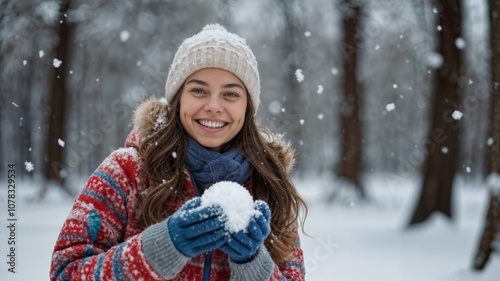 Winter Wonderland Smile: A young woman, radiating joy, stands amidst a snowy forest, holding a snowball. The falling flakes and her warm smile create a picture of pure winter bliss. 