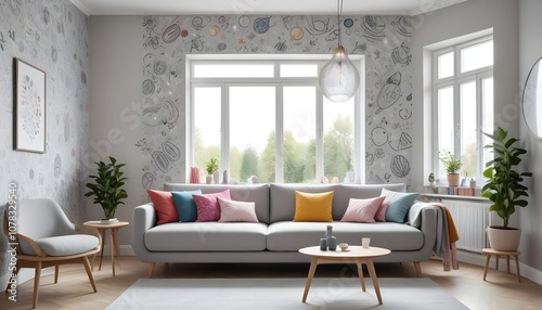 Scandinavian living room interior design zoom background,Doodle Galaxy patterned wallpaper graphics