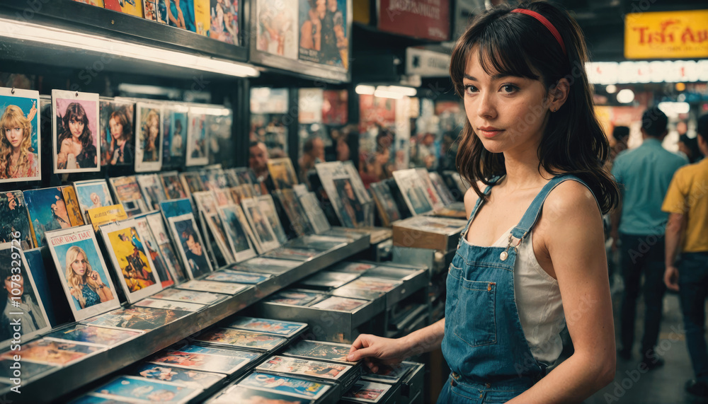 A young woman browses through a collection of vintage postcards in a bustling Asian market A young woman browses through a collection of vintage postcards in a bustling Asian market