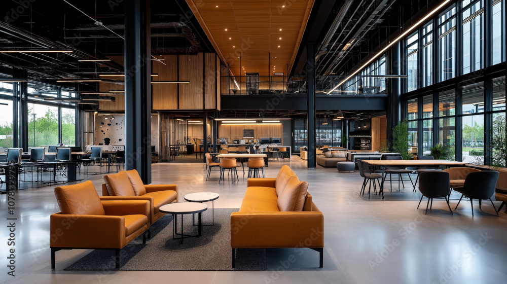 Modern open-plan office space with orange lounge chairs, workstations, tables, and large windows offering natural light and views of greenery outside. Modern open-plan office space with orange lounge chairs, workstations, tables, and large windows offering natural light and views of greenery outside.