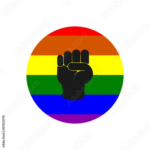 Flat cartoon black fist isolated on lgbt rainbow flag background.