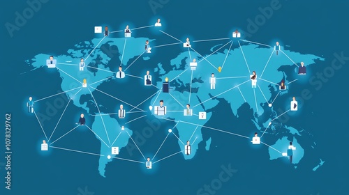 A visual concept of global communication with interconnected business nodes, representing collaborative human resources around the world