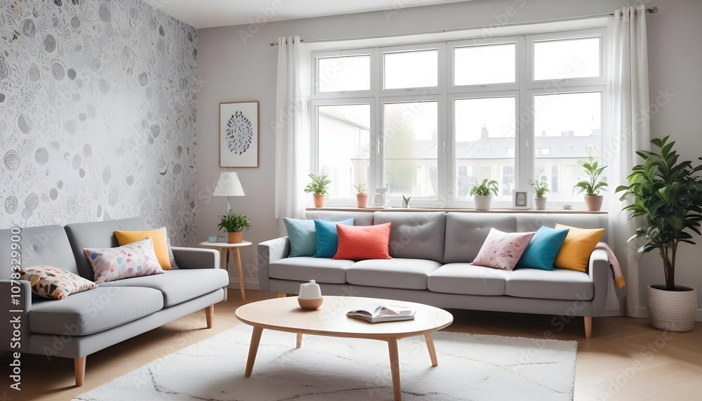 Scandinavian living room interior design zoom background,Doodle Galaxy patterned wallpaper graphics Scandinavian living room interior design zoom background,Doodle Galaxy patterned wallpaper graphics