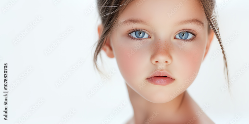 Delicate portrait of a young girl with blue eyes and freckles, captured in soft light on a minimalist background, symbolizing purity, elegance model banner Delicate portrait of a young girl with blue eyes and freckles, captured in soft light on a minimalist background, symbolizing purity, elegance model banner
