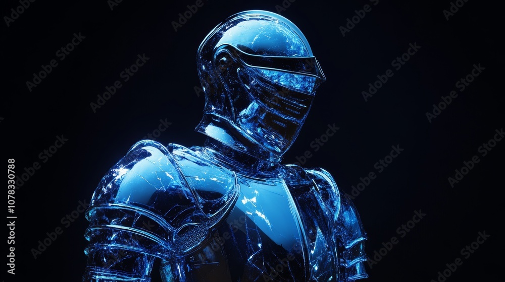 Futuristic knight wearing transparent armor stands in dramatic lighting, creating a visually striking image that blends medieval aesthetics with advanced technology Futuristic knight wearing transparent armor stands in dramatic lighting, creating a visually striking image that blends medieval aesthetics with advanced technology