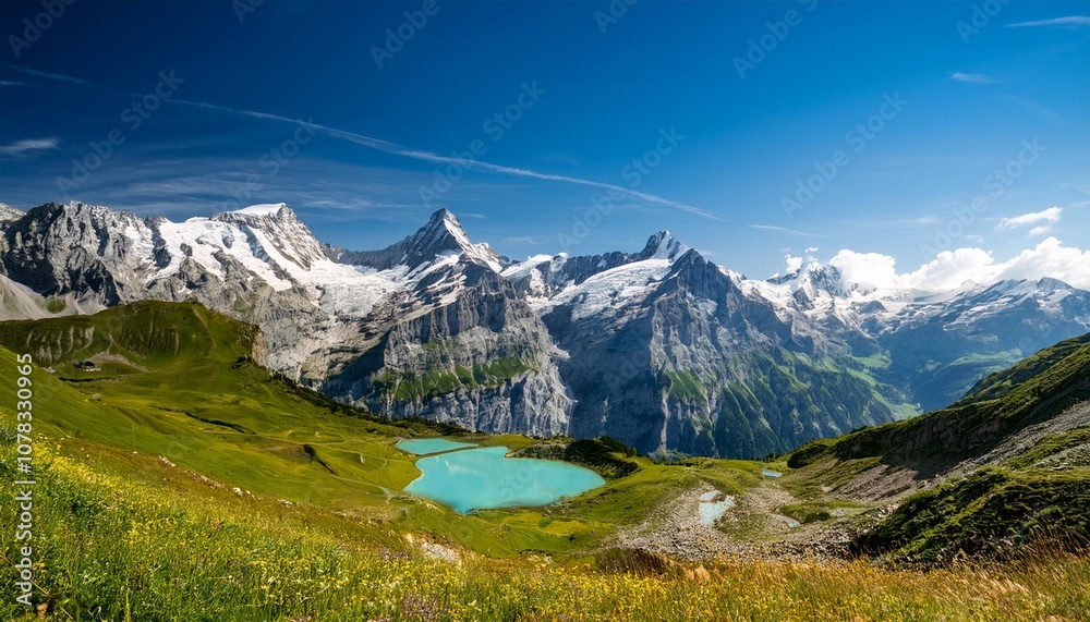 Fototapeta premium The Majestic Swiss Alps With Towering Snow-Capped Peaks, Alpine Meadows, and Crystal-Clear Mountain Lakes, Creating an Idyllic Natural Setting for Outdoor Adventures