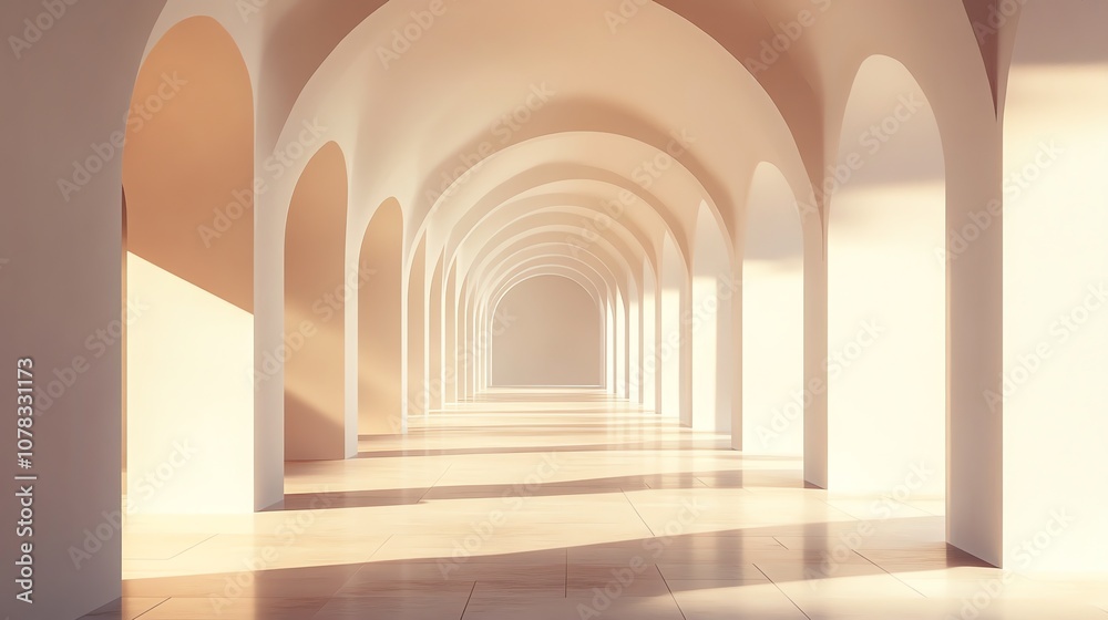 A long, white arched hallway with light shining through the arches. A long, white arched hallway with light shining through the arches.