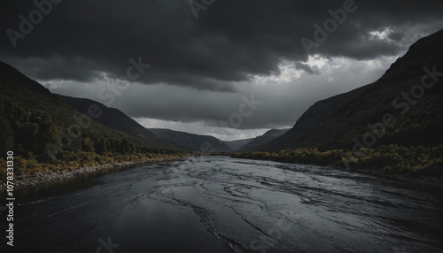 A river flows through a valley, surrounded by dark, rolling hills under a cloudy sky