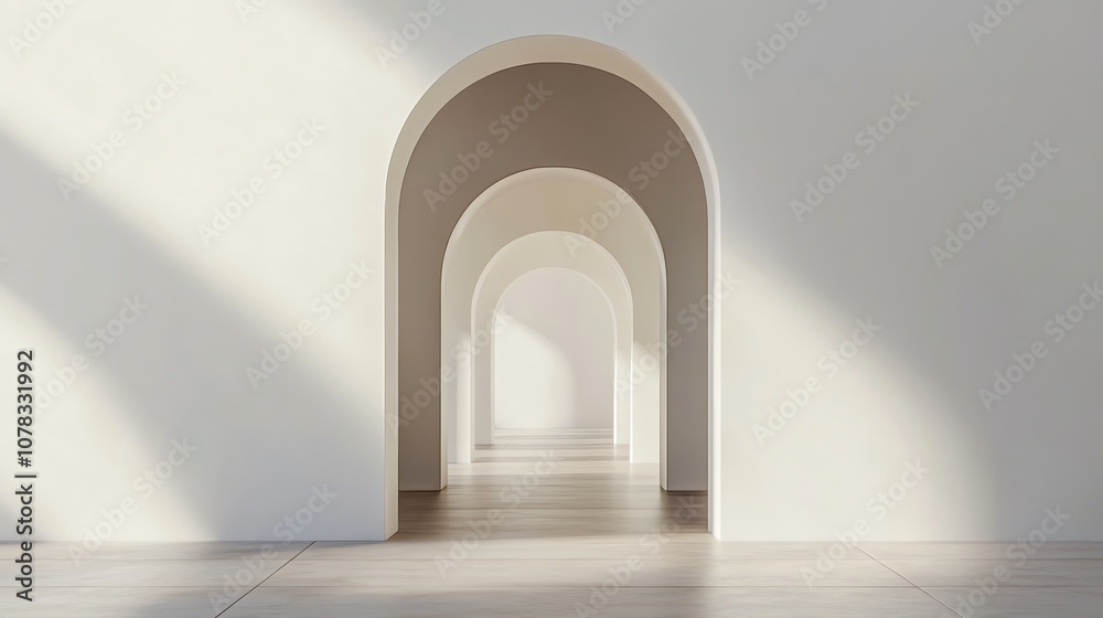 A white hallway with arched doorways. A white hallway with arched doorways.