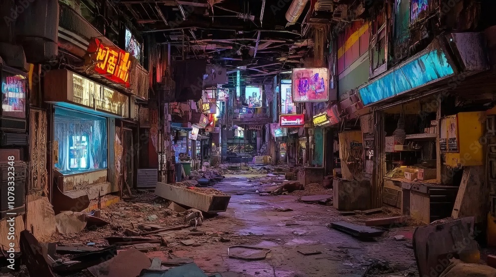 Obraz premium Dilapidated storefronts with broken windows and debris fill a deserted cyberpunk street, illuminated by glowing neon signs in the night