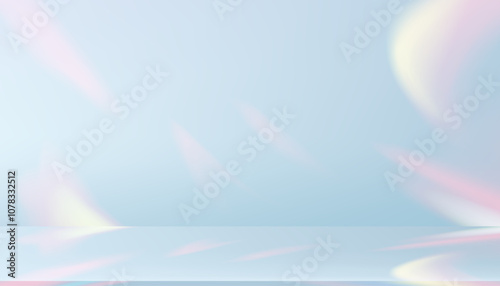 Blue Background with rainbow light for Christmas,Winter product design present,Backdrop Studio wall room 3D Podium display with prism light or hologram reflection on blue pastel with copy space