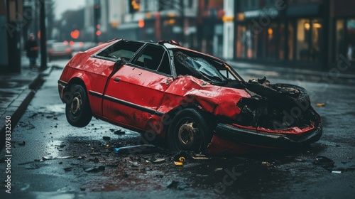 Red wrecked car is lying on the street in the city after a serious traffic accident, causing significant damage and posing safety risks