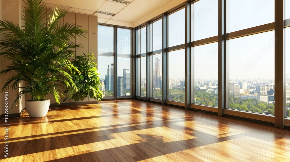 Fototapeta premium Bright office space with large windows, showcasing a stunning city view and green plants.