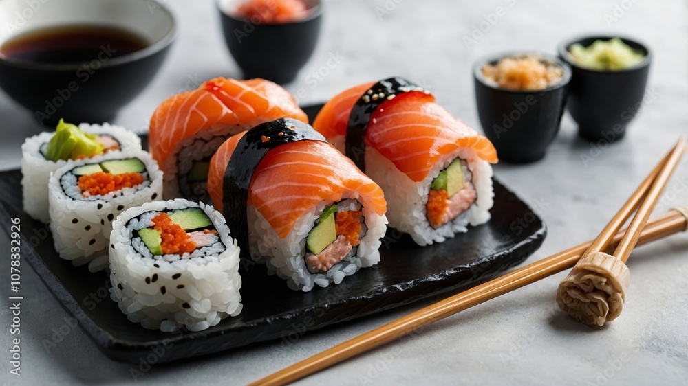 Delicious sushi lunch with salmon nigiri and maki rolls