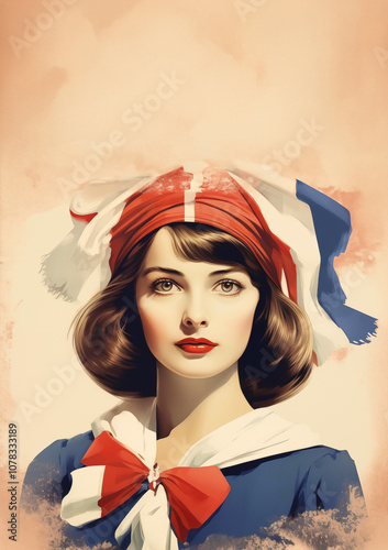 Vintage French patriotic poster with Marianne, the French icon of patriotism, beautifully illustrated symbolizing liberty, tricolor, and feminism.